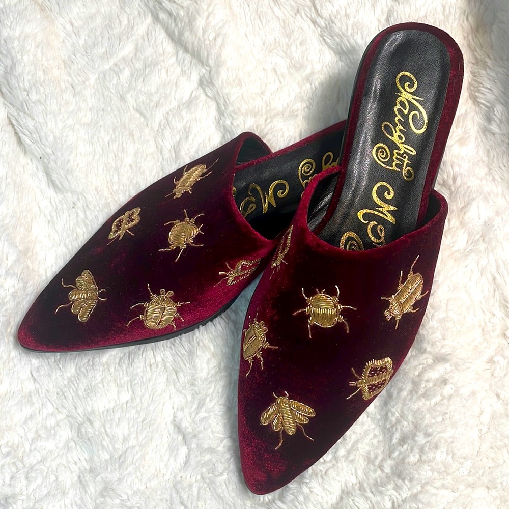 Naughty Monkey maroon velvet slides, gold embroidered bugs, size 10, like new